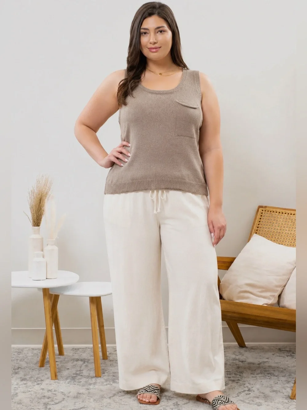 Perch by Blu Pepper Taupe Tan Sleeveless Knit Sweater Tank with pocket - Picture 1 of 9